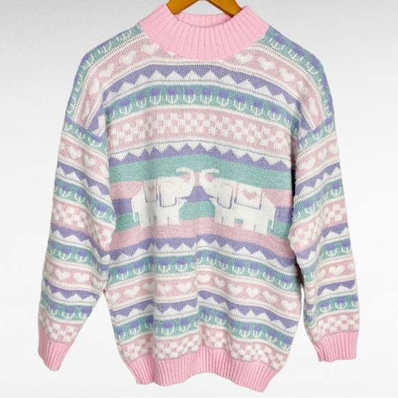 VINTAGE | 1980’s Private Eyes Fairy Kei Kawaii Pastel Elephant Pullover Sweater - Picture 6 of 8
